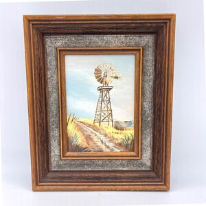 Framed Windmill Painting Original‎ Art Country Decor Wall Hanging Signed